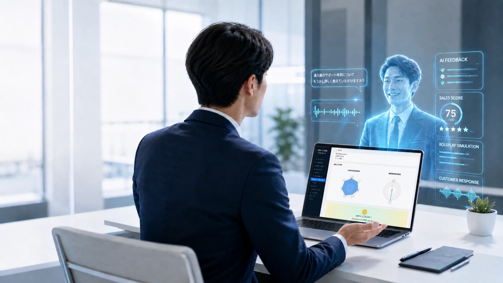 商談シミュレーターを操作する営業担当者と、AIが生成した顧客役のホログラム、AIフィードバック・商談スコア(75点)のダッシュボード